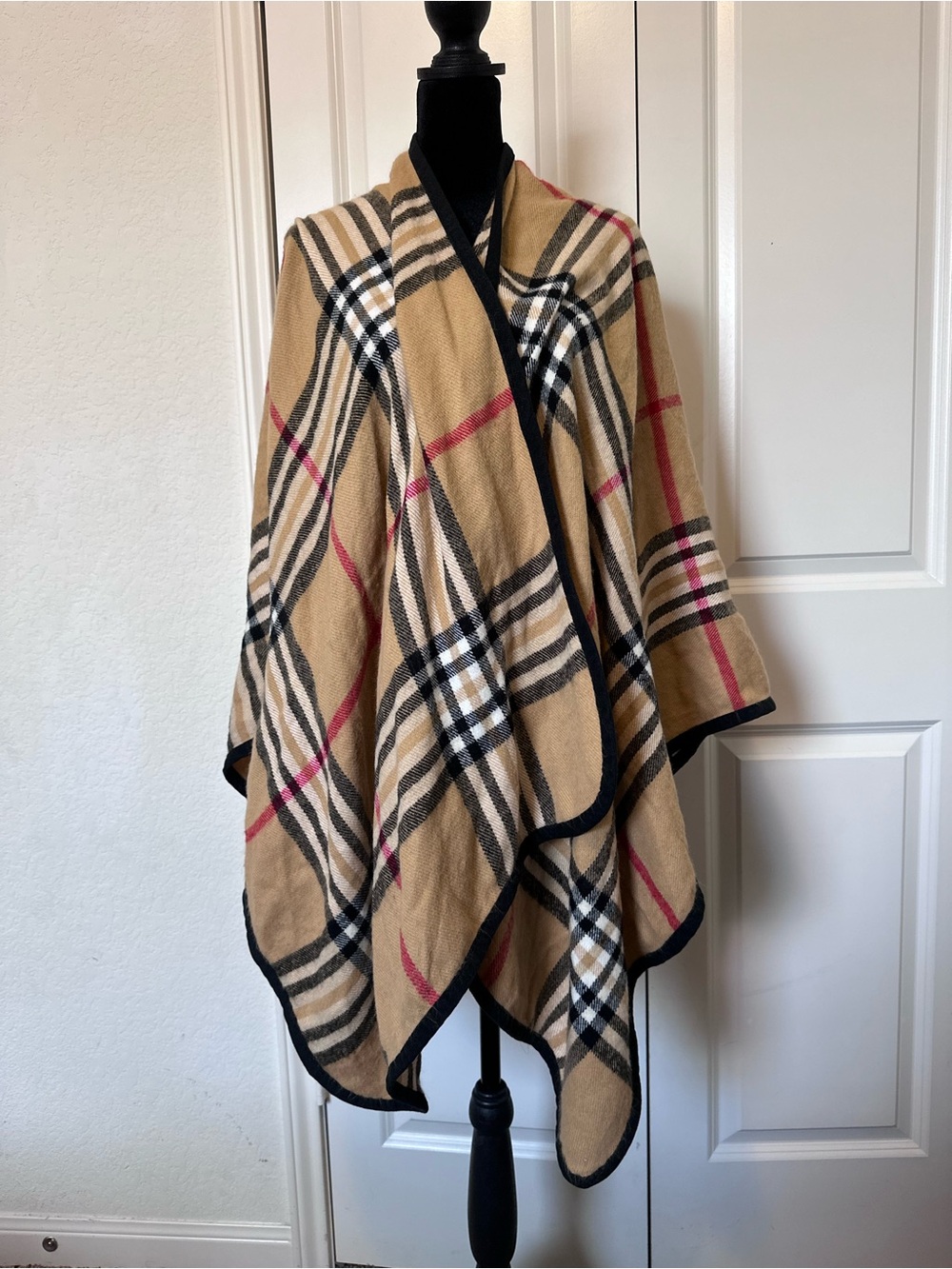 Janice Apparel Beige Plaid Poncho Ruana Cape Wrap One Size OS